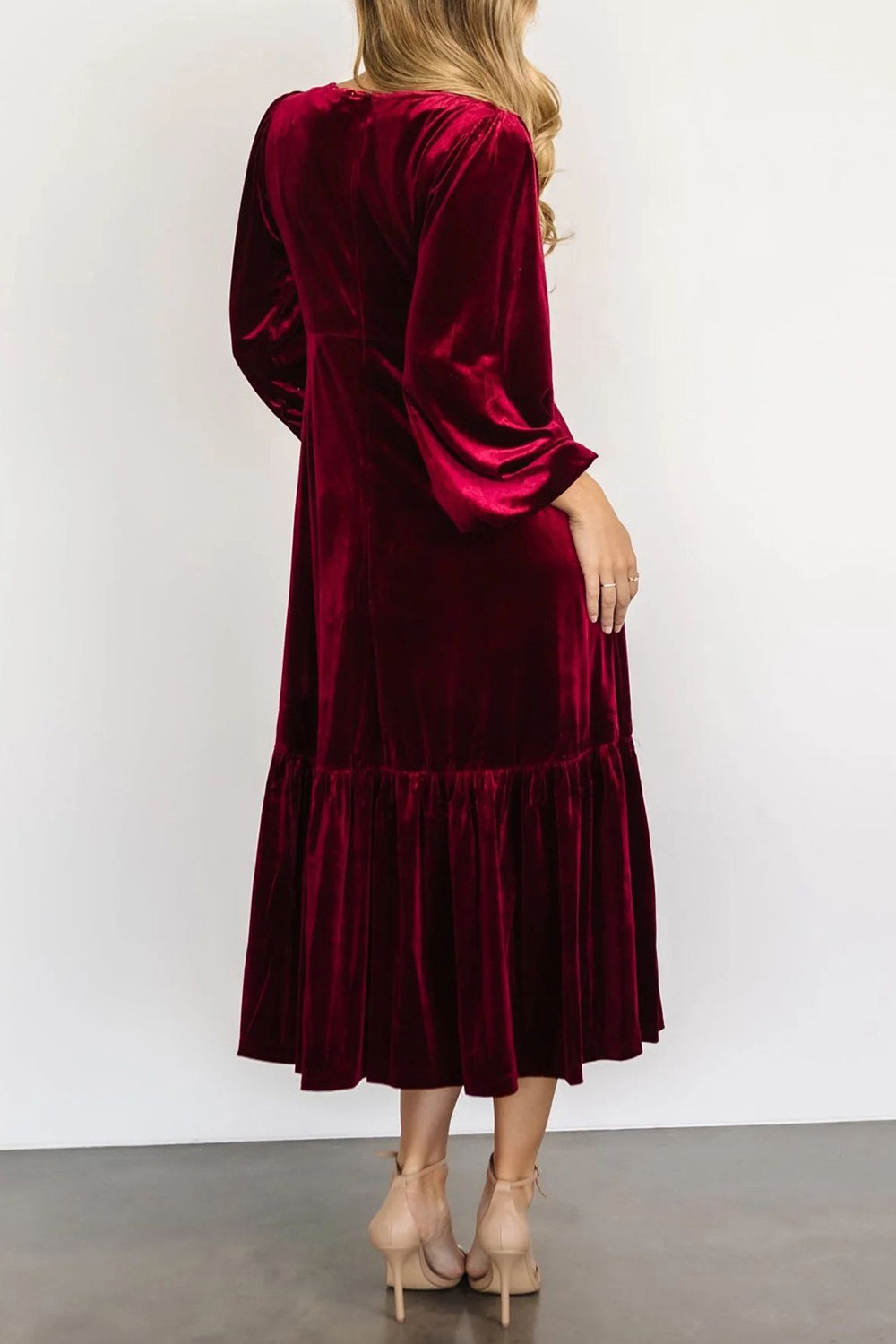 V-Neck Long Sleeve Midi Velvet Dress - Littles Collection