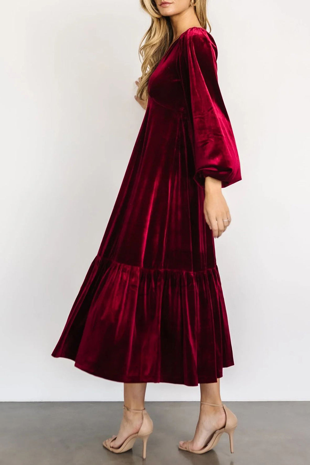V-Neck Long Sleeve Midi Velvet Dress - Littles Collection