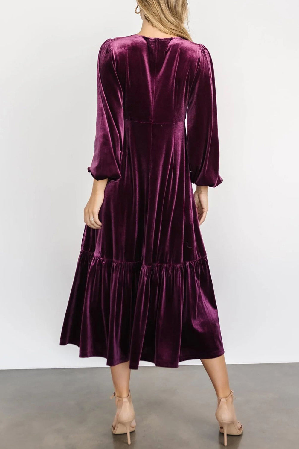 V-Neck Long Sleeve Midi Velvet Dress - Littles Collection