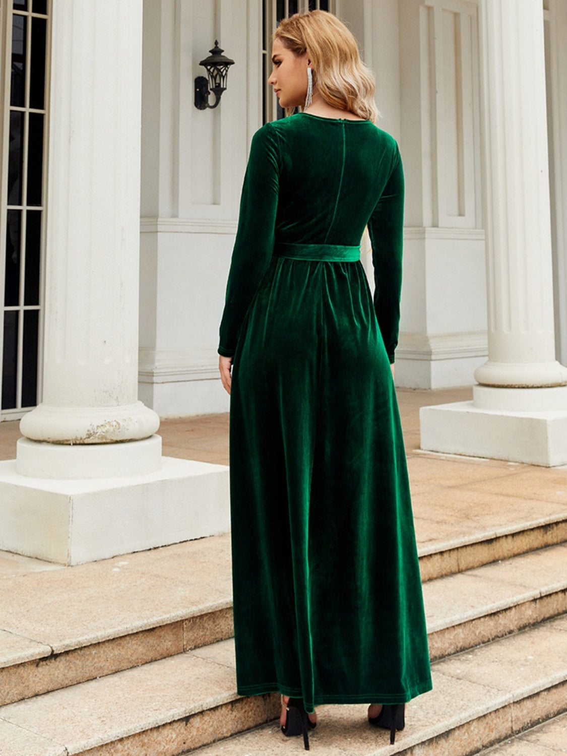 Tie Front Round Neck Velvet Maxi Dress - Littles Collection