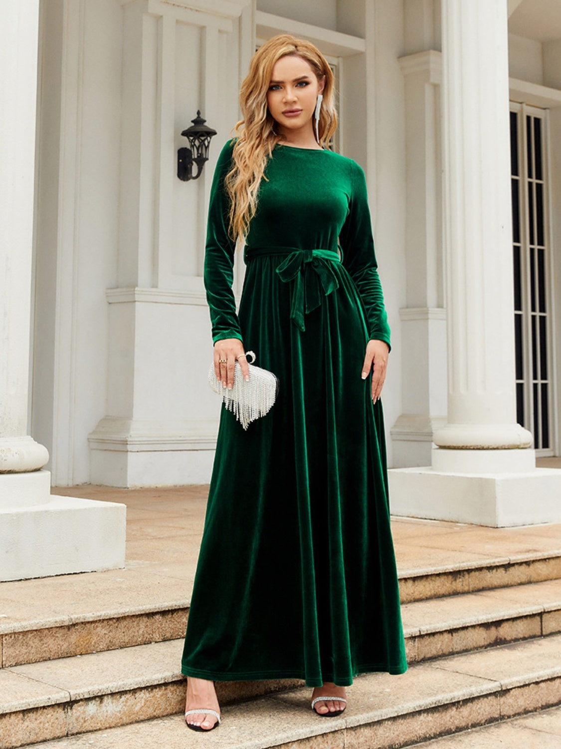 Tie Front Round Neck Velvet Maxi Dress - Littles Collection