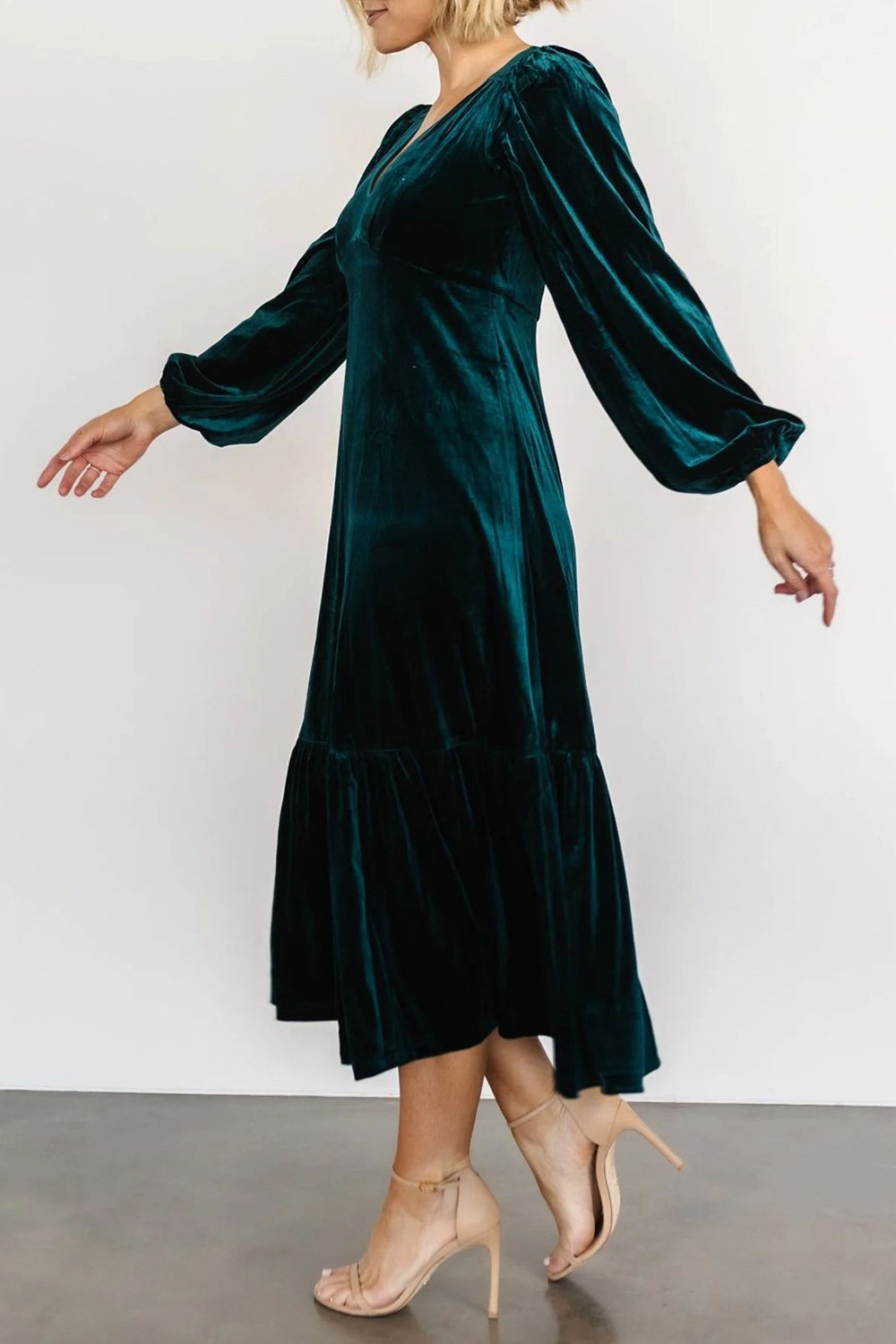V-Neck Long Sleeve Midi Velvet Dress - Littles Collection