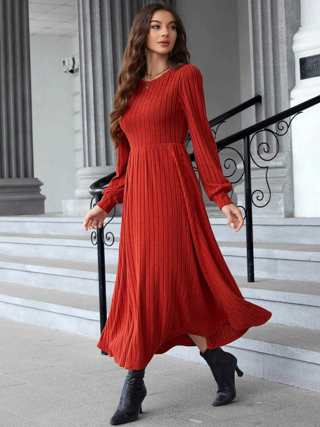 Ribbed Round Neck Long Sleeve Dress - Littles Collection
