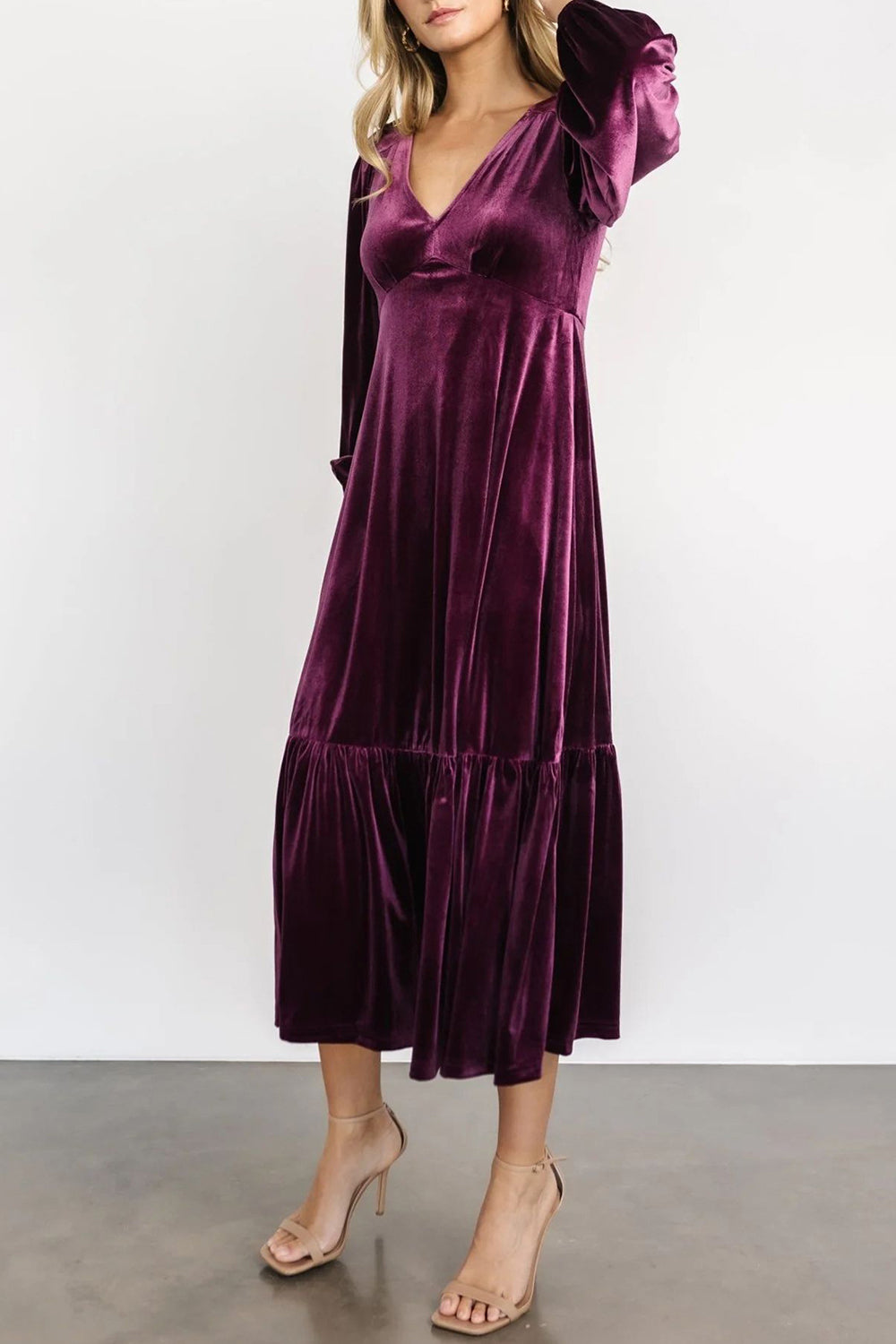 V-Neck Long Sleeve Midi Velvet Dress - Littles Collection