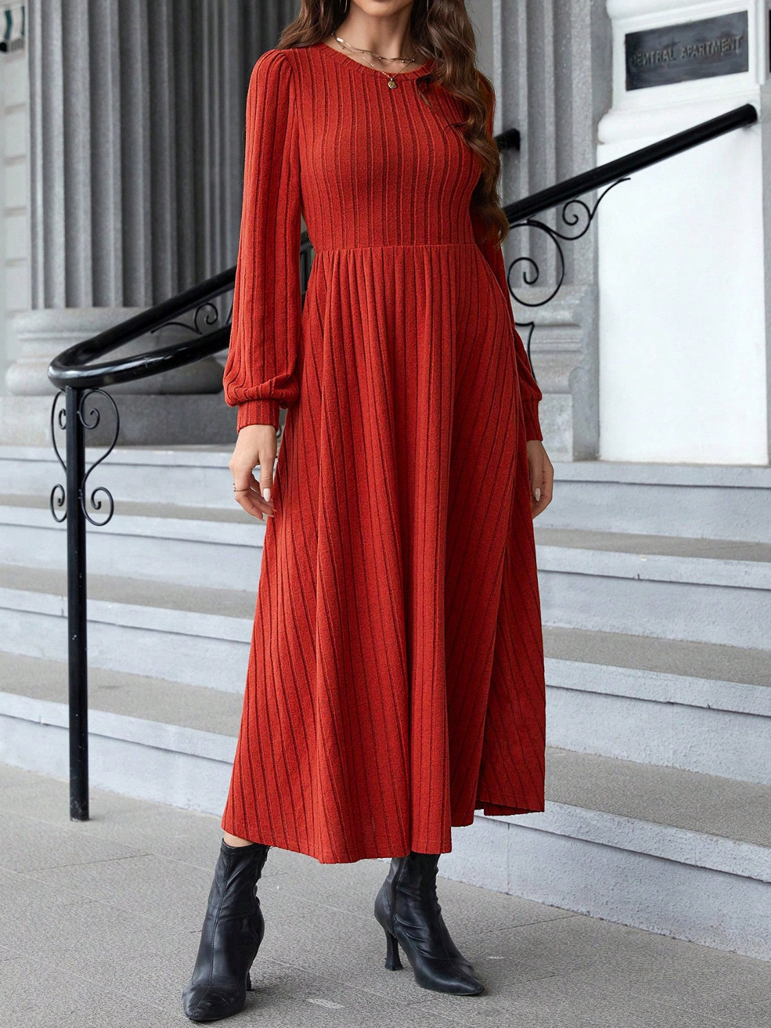 Ribbed Round Neck Long Sleeve Dress - Littles Collection