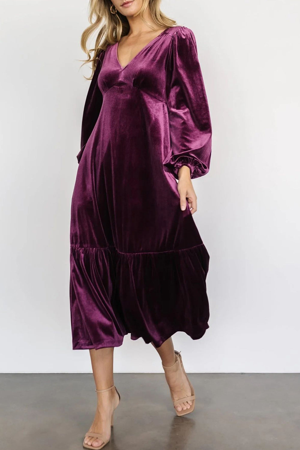 V-Neck Long Sleeve Midi Velvet Dress - Littles Collection