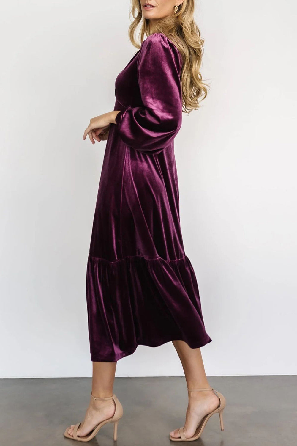 V-Neck Long Sleeve Midi Velvet Dress - Littles Collection