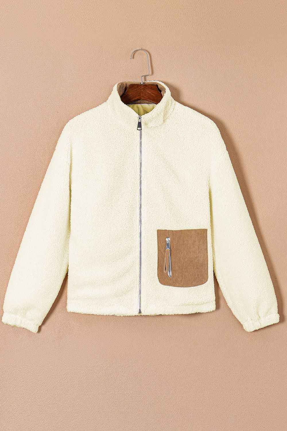Beige Colour Sweater Jacket With Patch Pockets & Zip