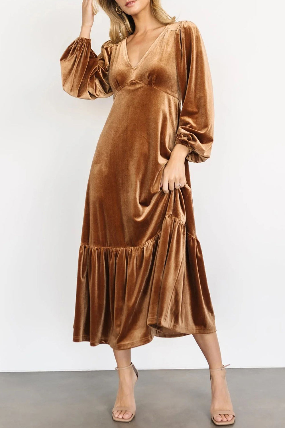 V-Neck Long Sleeve Midi Velvet Dress - Littles Collection