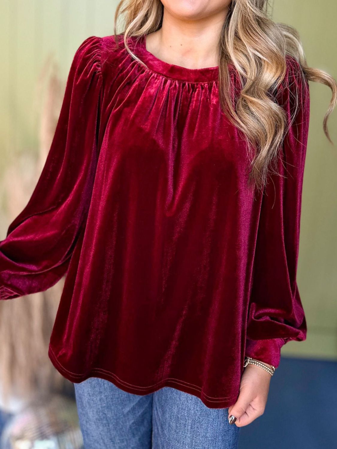 Maroon Rushed neck velvet top for party winter velvet designer collection