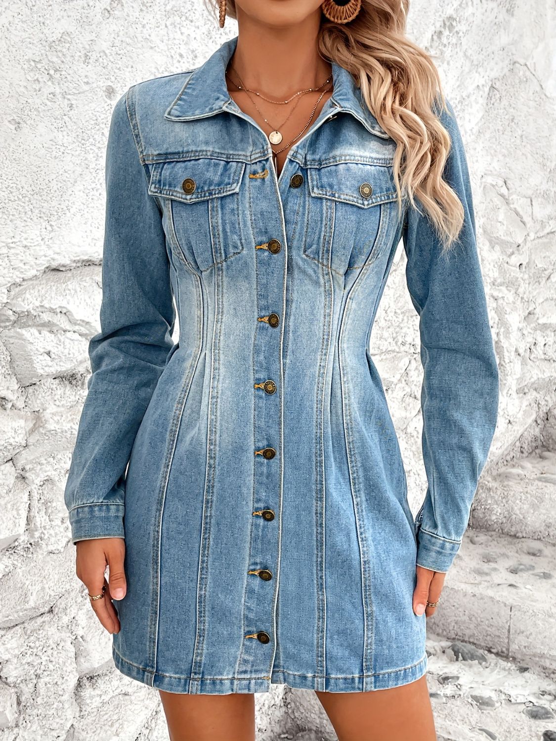 Pocketed Button Up Long Sleeve Denim Dress - Littles Collection