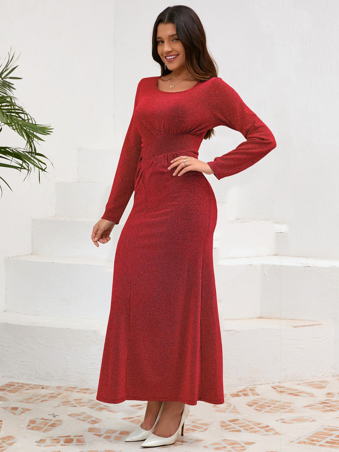 Ruched Round Neck Long Sleeve Dress - Littles Collection