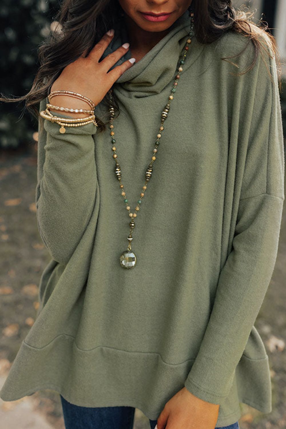 Side Slit High-Low Cowl Neck Cotton Blend Blouse - Littles Collection