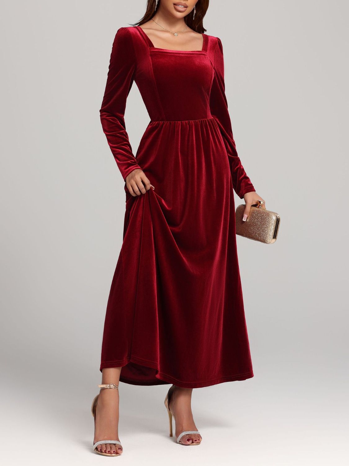 Velvet Square Neck Long Sleeve Dress - Littles Collection