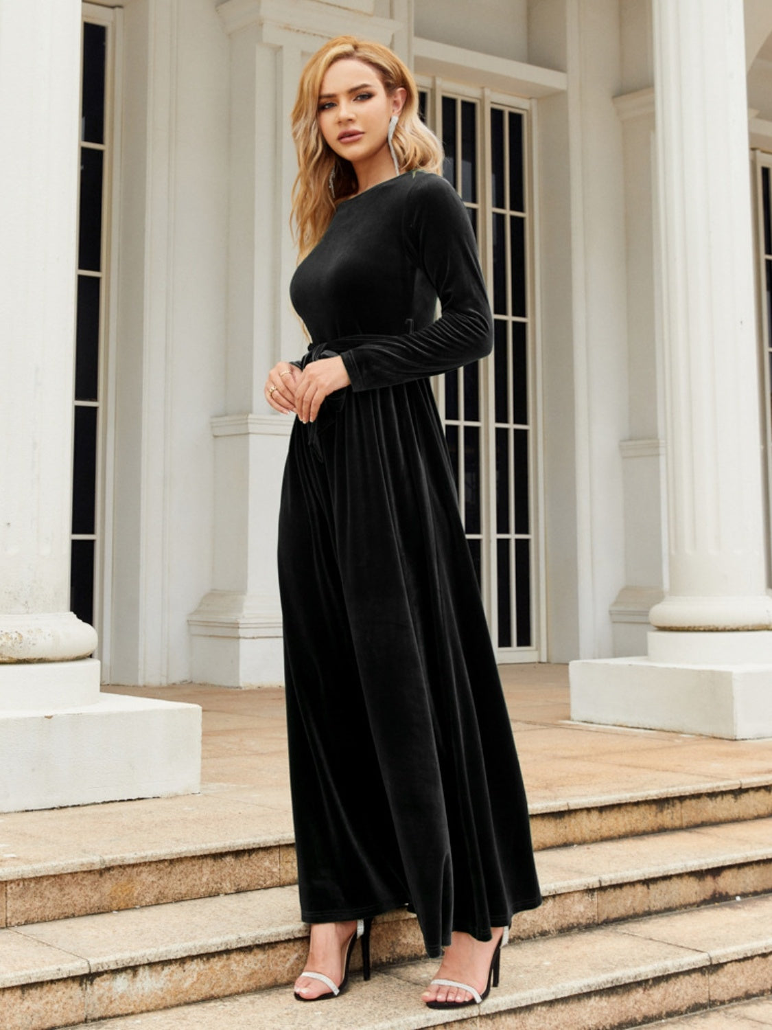 Tie Front Round Neck Velvet Maxi Dress - Littles Collection