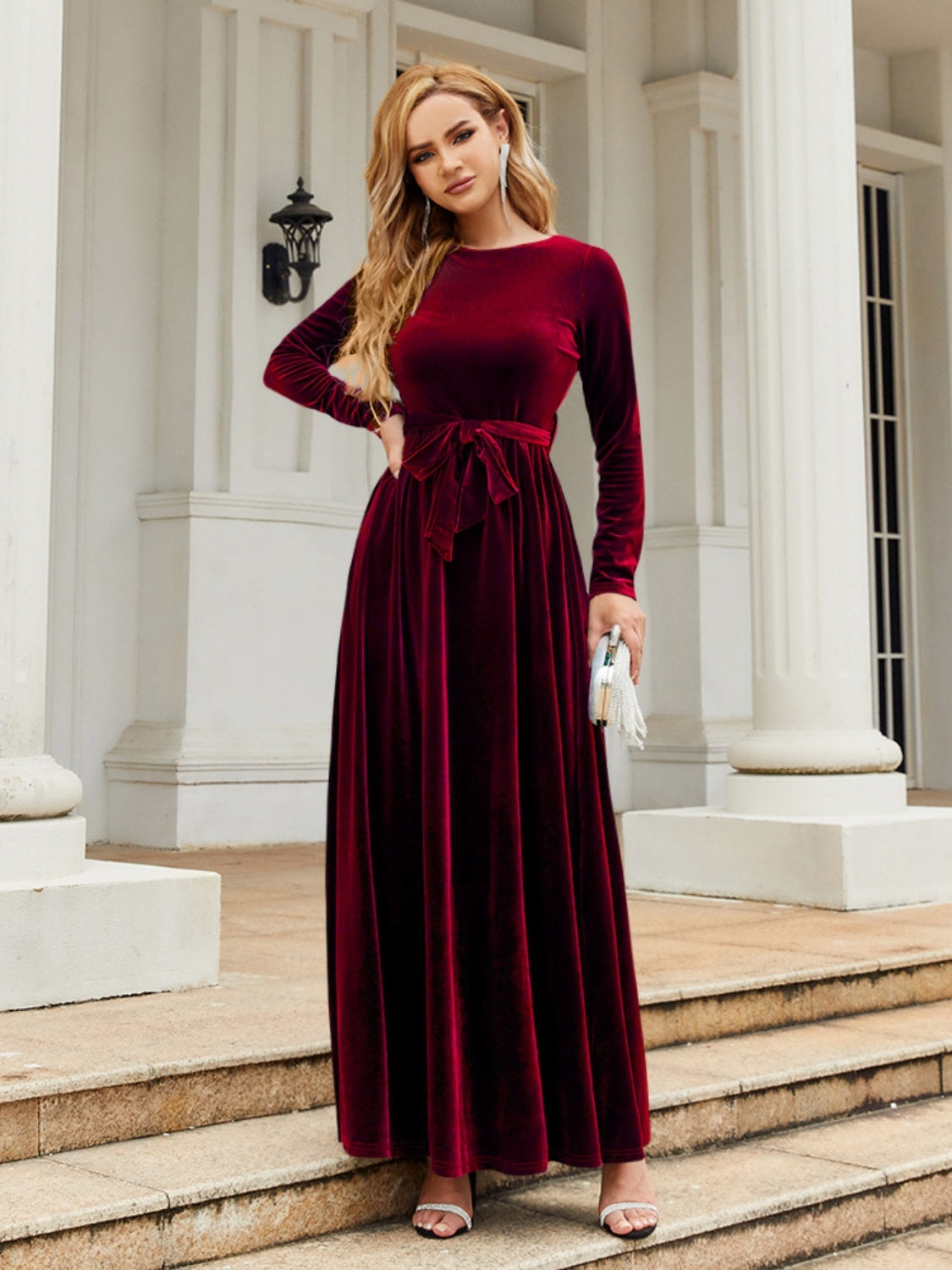 Tie Front Round Neck Velvet Maxi Dress - Littles Collection