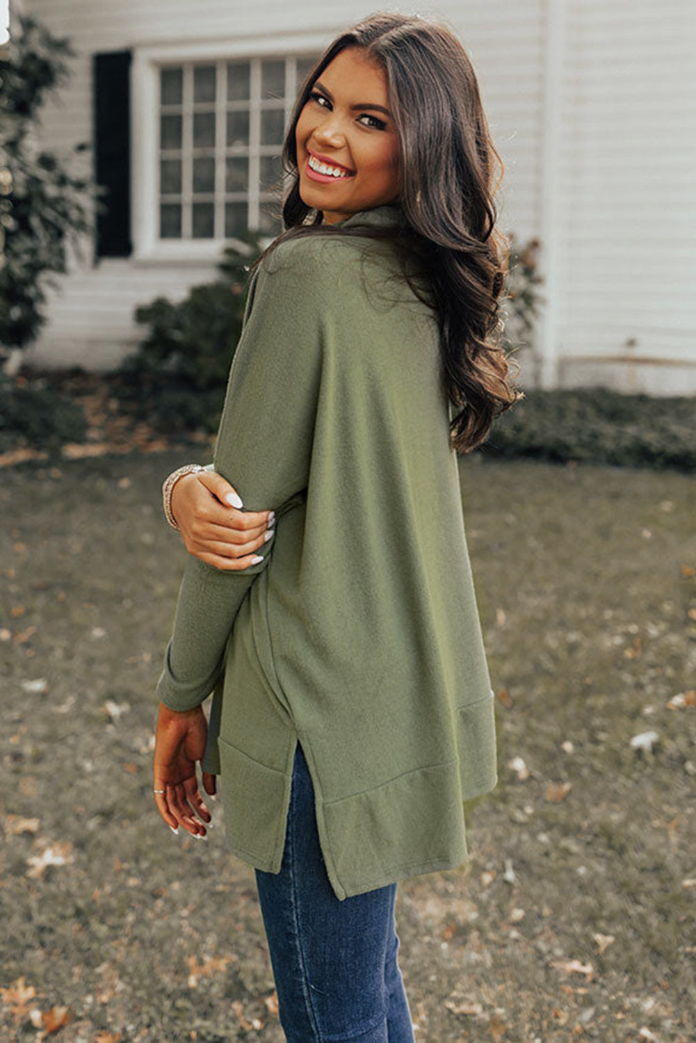 Side Slit High-Low Cowl Neck Cotton Blend Blouse - Littles Collection