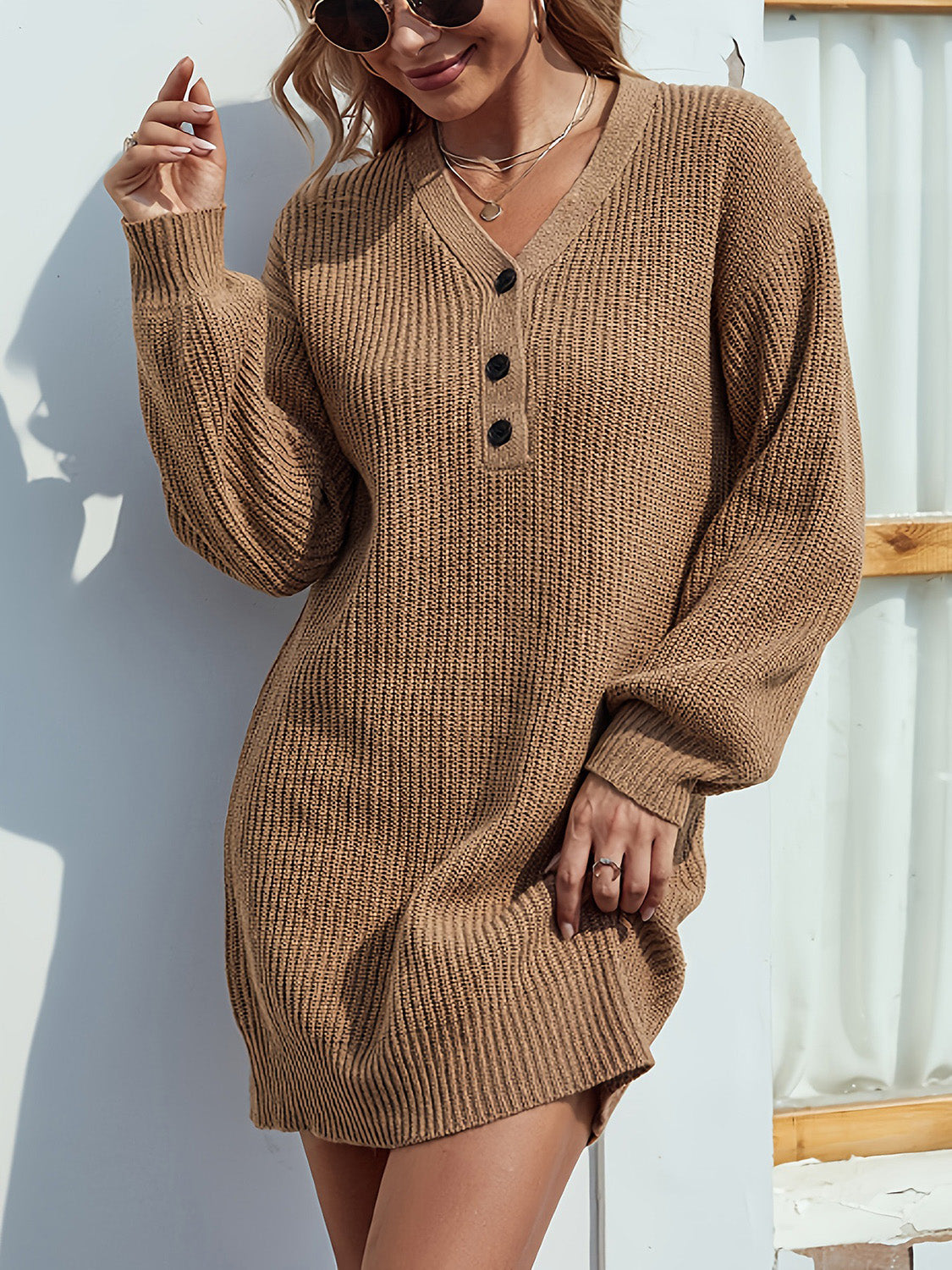 V-Neck Dropped Shoulder Mini Sweater Dress - Littles Collection
