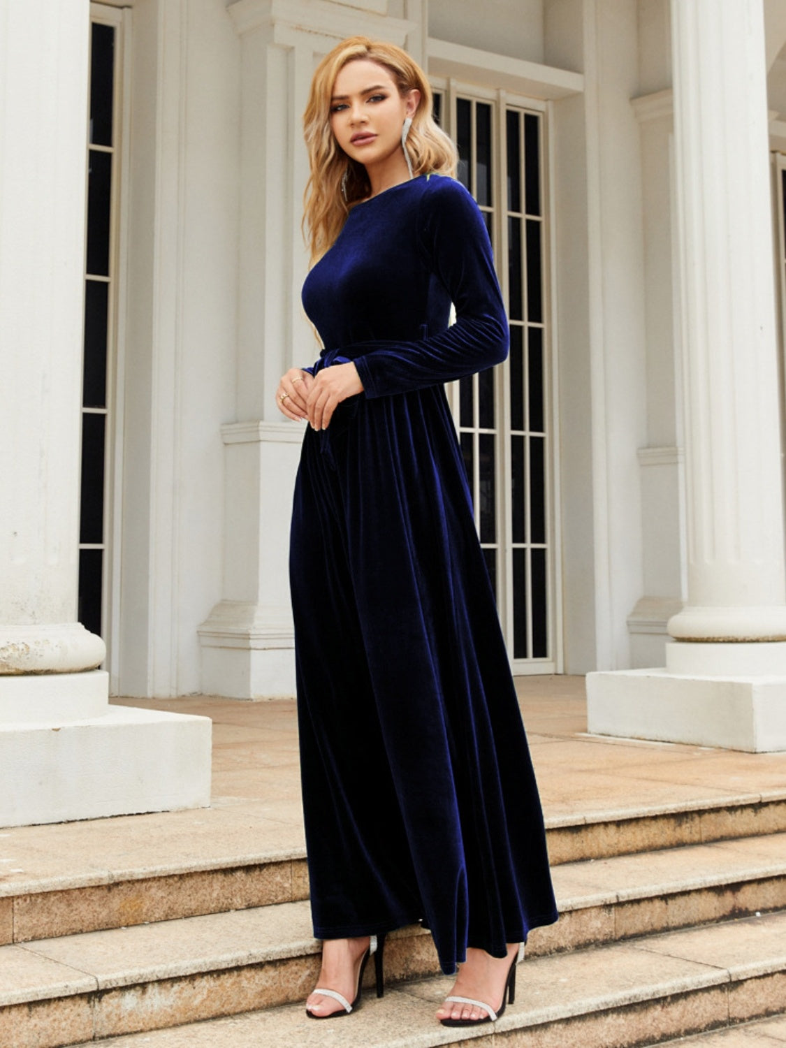 Royal blue velvet evening gown at littlescollections full sleeve party dress empire waist