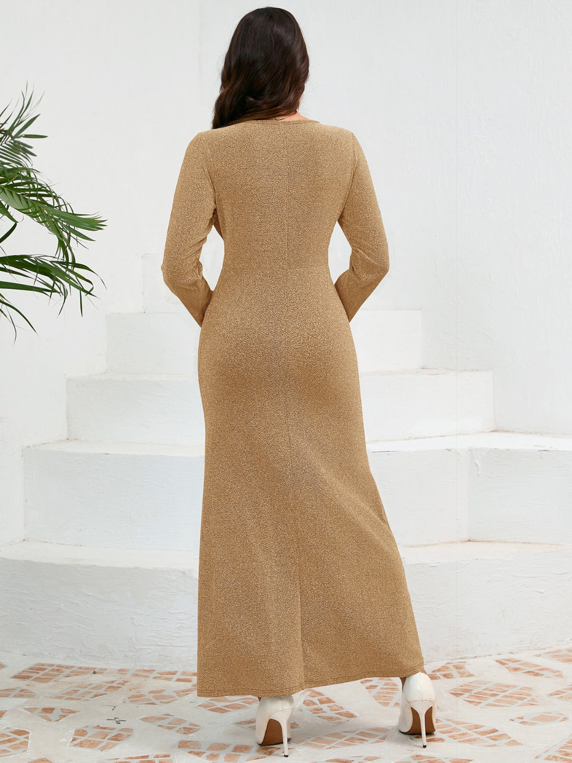 Ruched Round Neck Long Sleeve Dress - Littles Collection