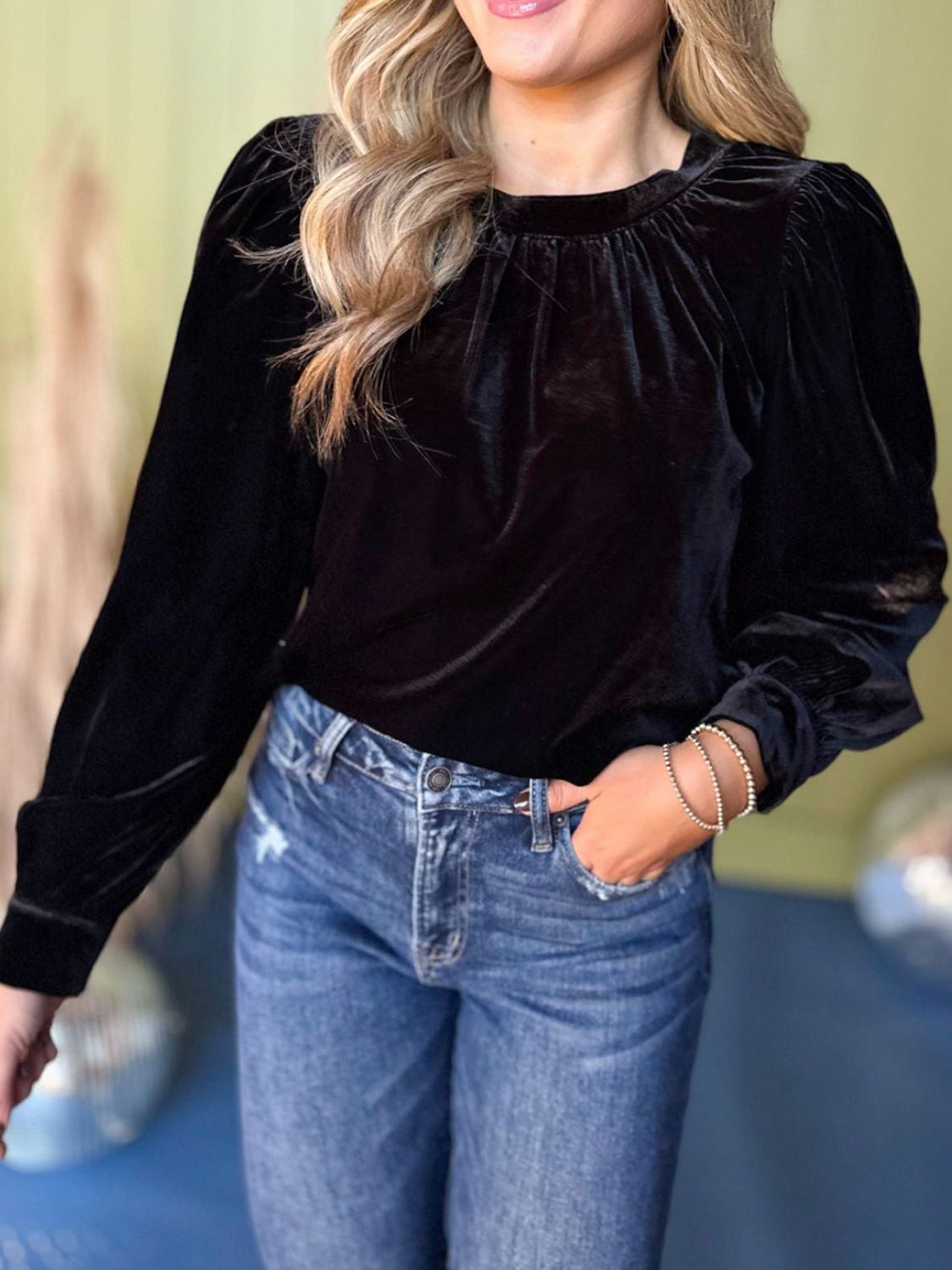 Ruched Neck Long Sleeve Blouse - Littles Collection