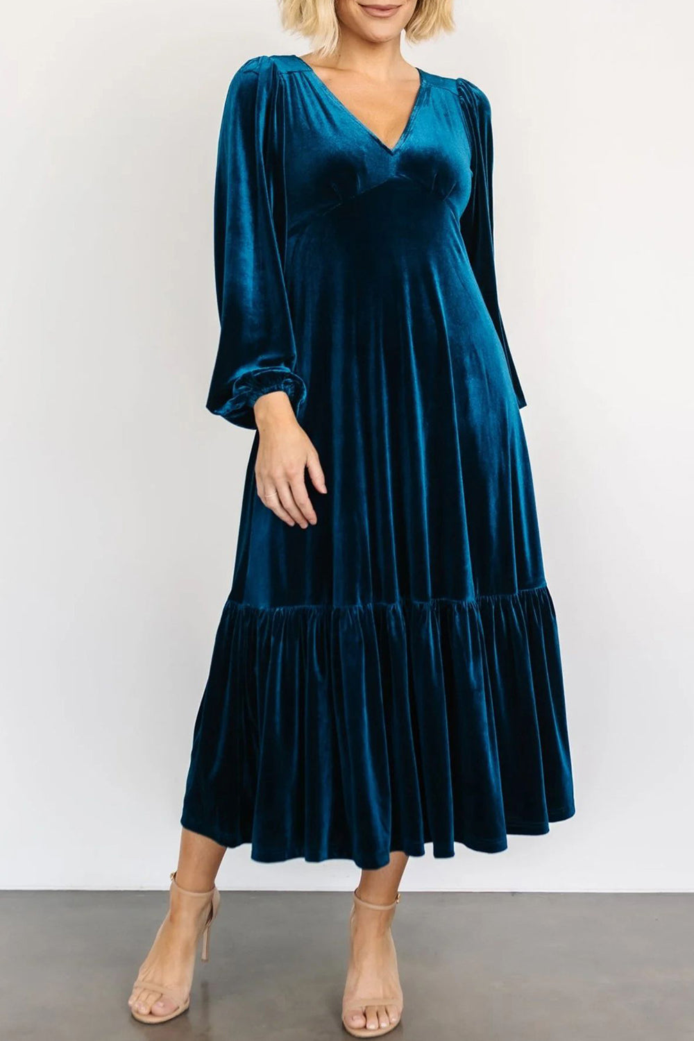 V-Neck Long Sleeve Midi Velvet Dress - Littles Collection