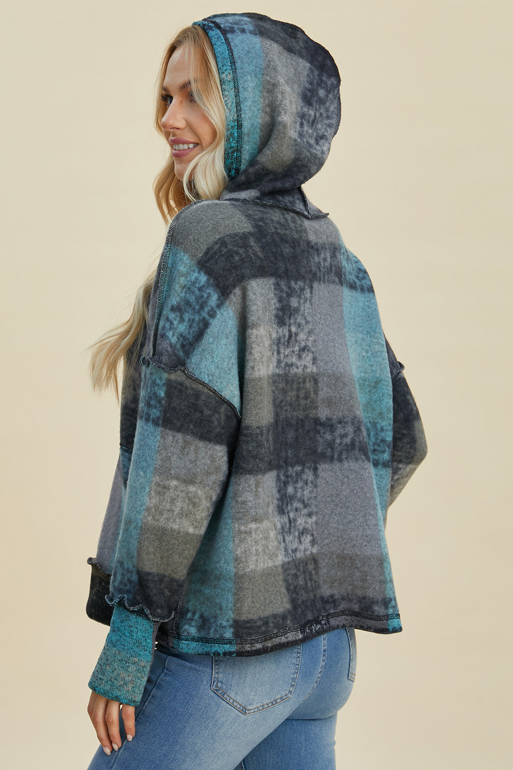 Double Take Plaid Dropped Shoulder Fleece Hoodie - Littles Collection