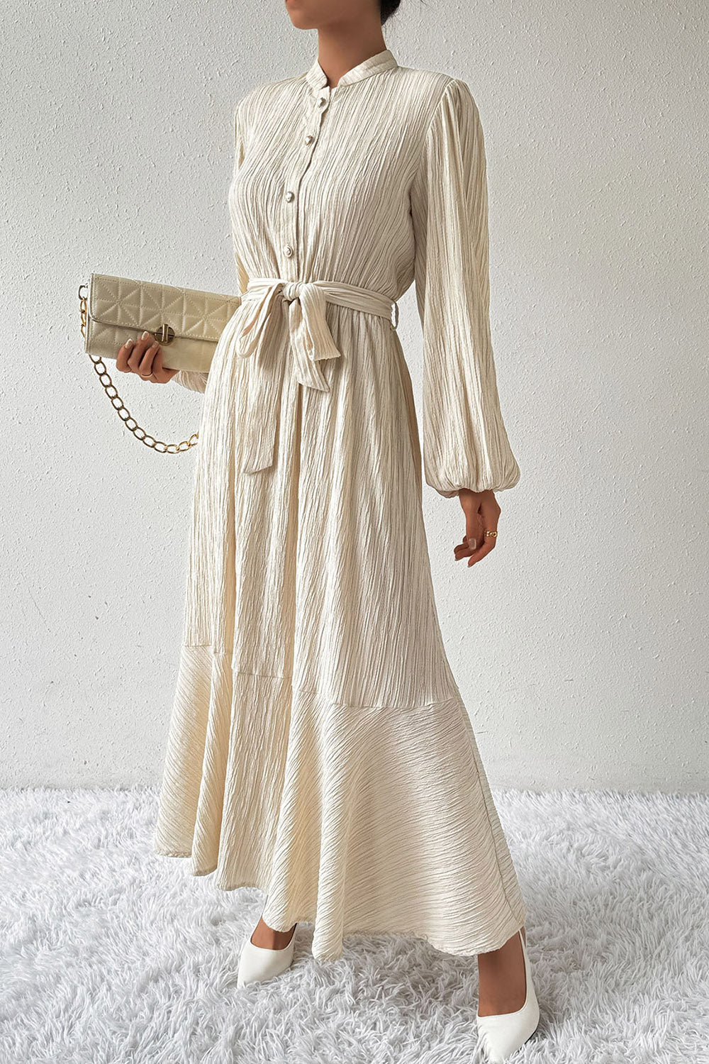 Honey Tied Button Up Balloon Sleeve Dress - Littles Collection