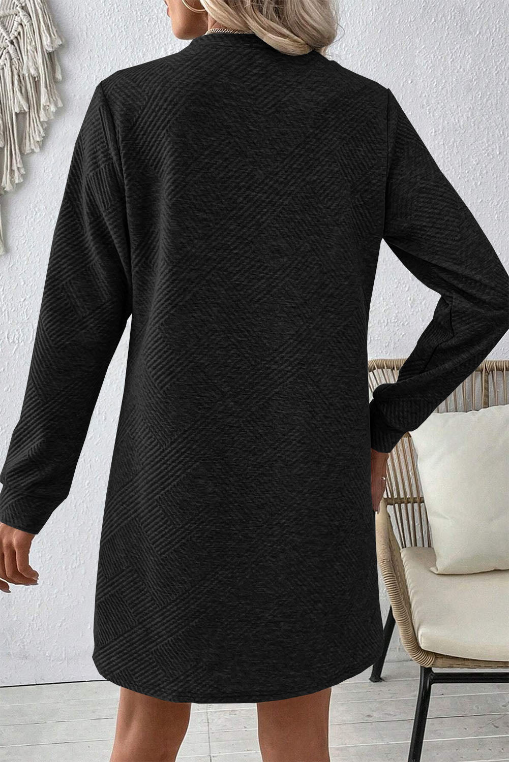 Textured Round Neck Long Sleeve Mini Dress - Littles Collection