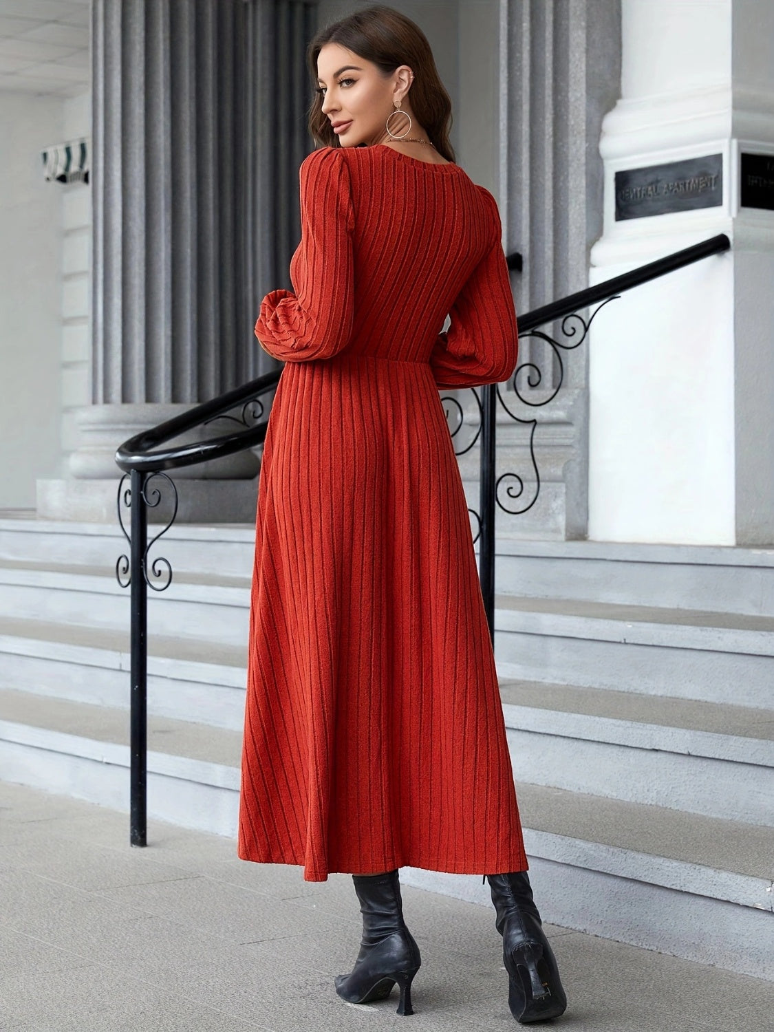 Ribbed Round Neck Long Sleeve Dress - Littles Collection