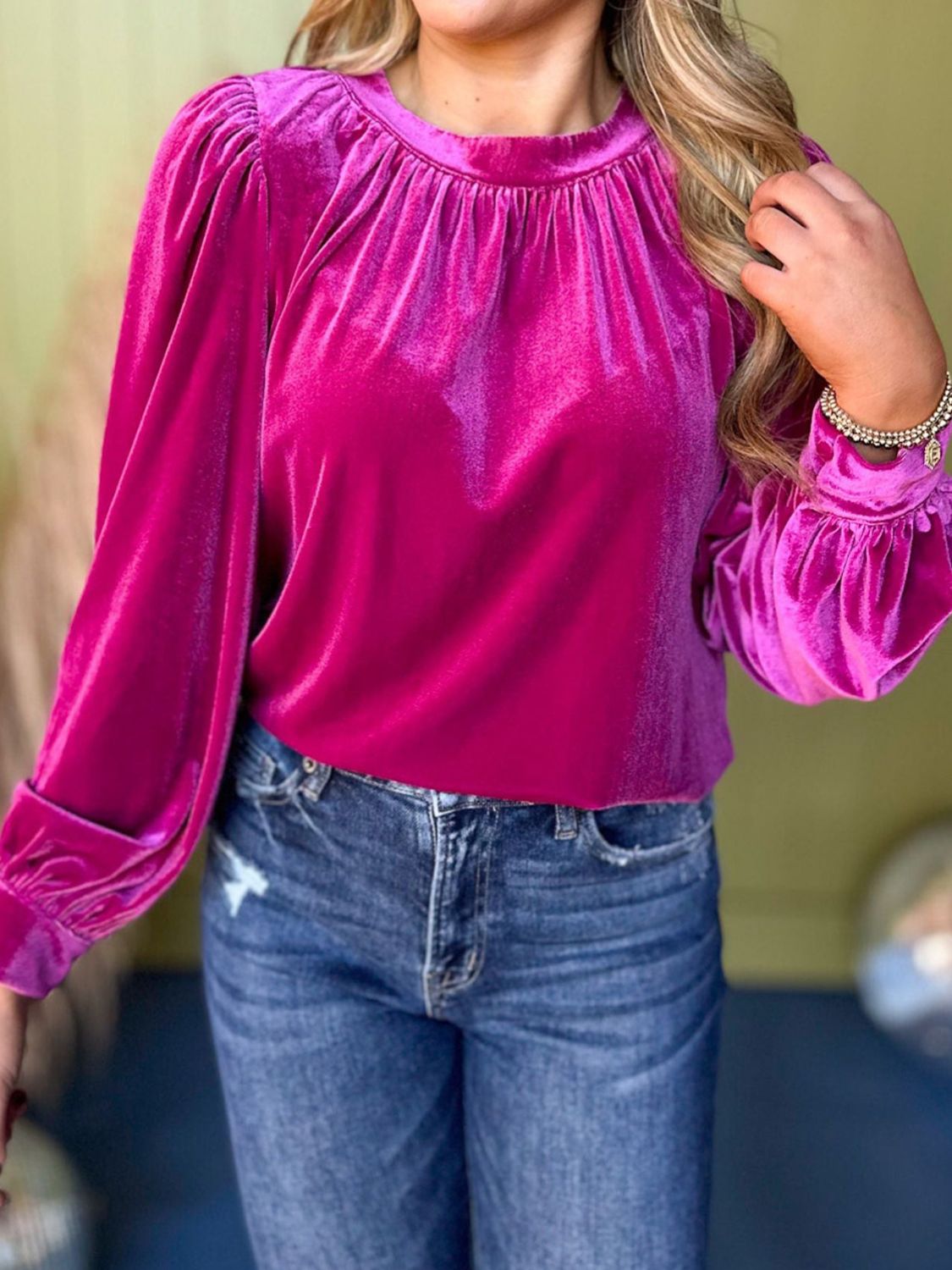 Ruched Neck Long Sleeve Blouse - Littles Collection