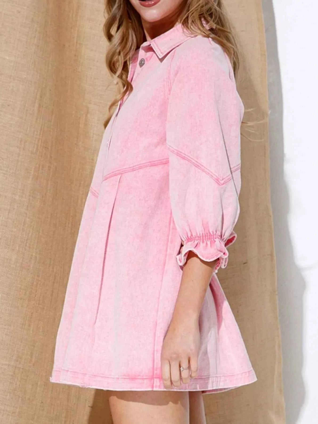 Ruffled Cuff Button-Down Denim Dress