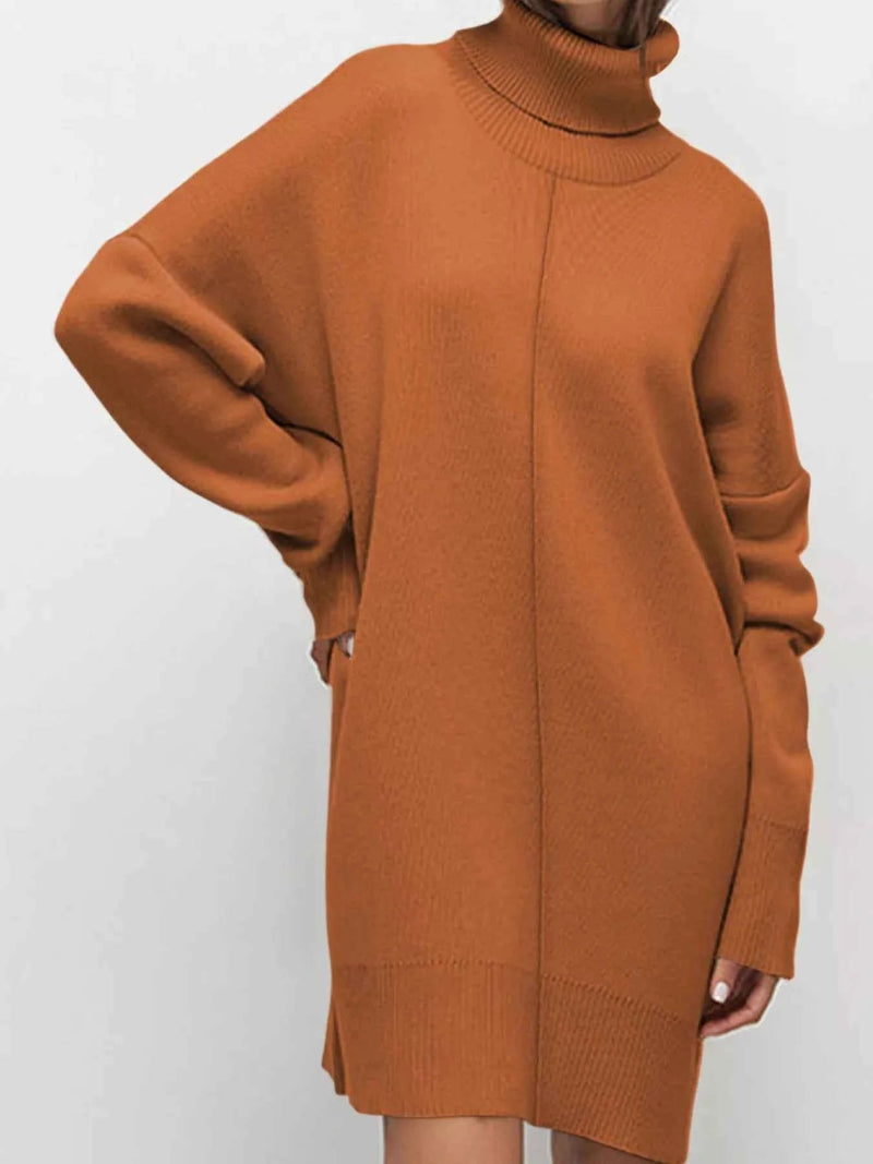 Solid Color Turtleneck Drop Shoulder Loose Sweater Dress