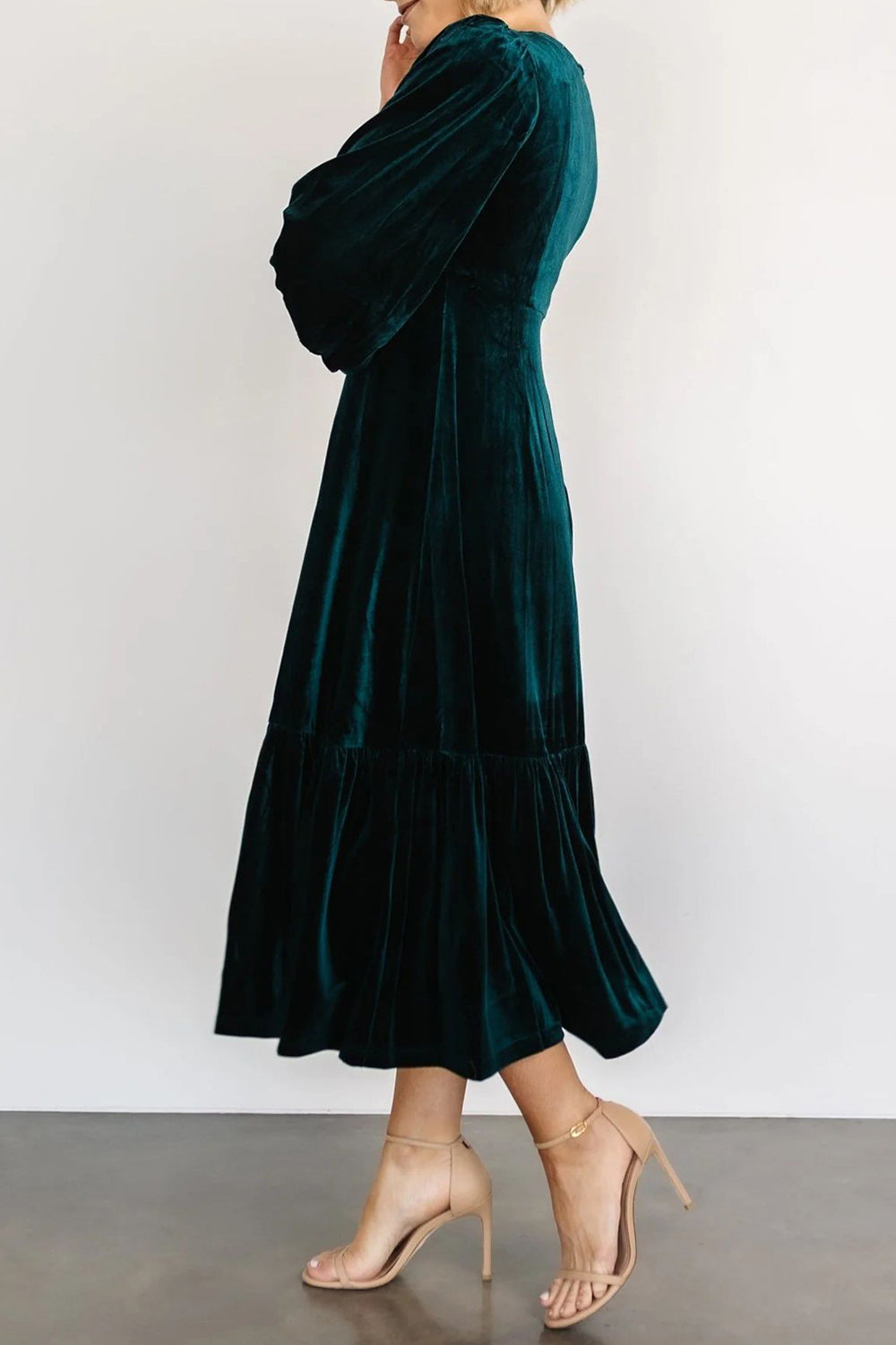 V-Neck Long Sleeve Midi Velvet Dress - Littles Collection