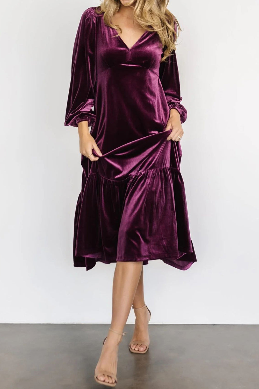 V-Neck Long Sleeve Midi Velvet Dress - Littles Collection