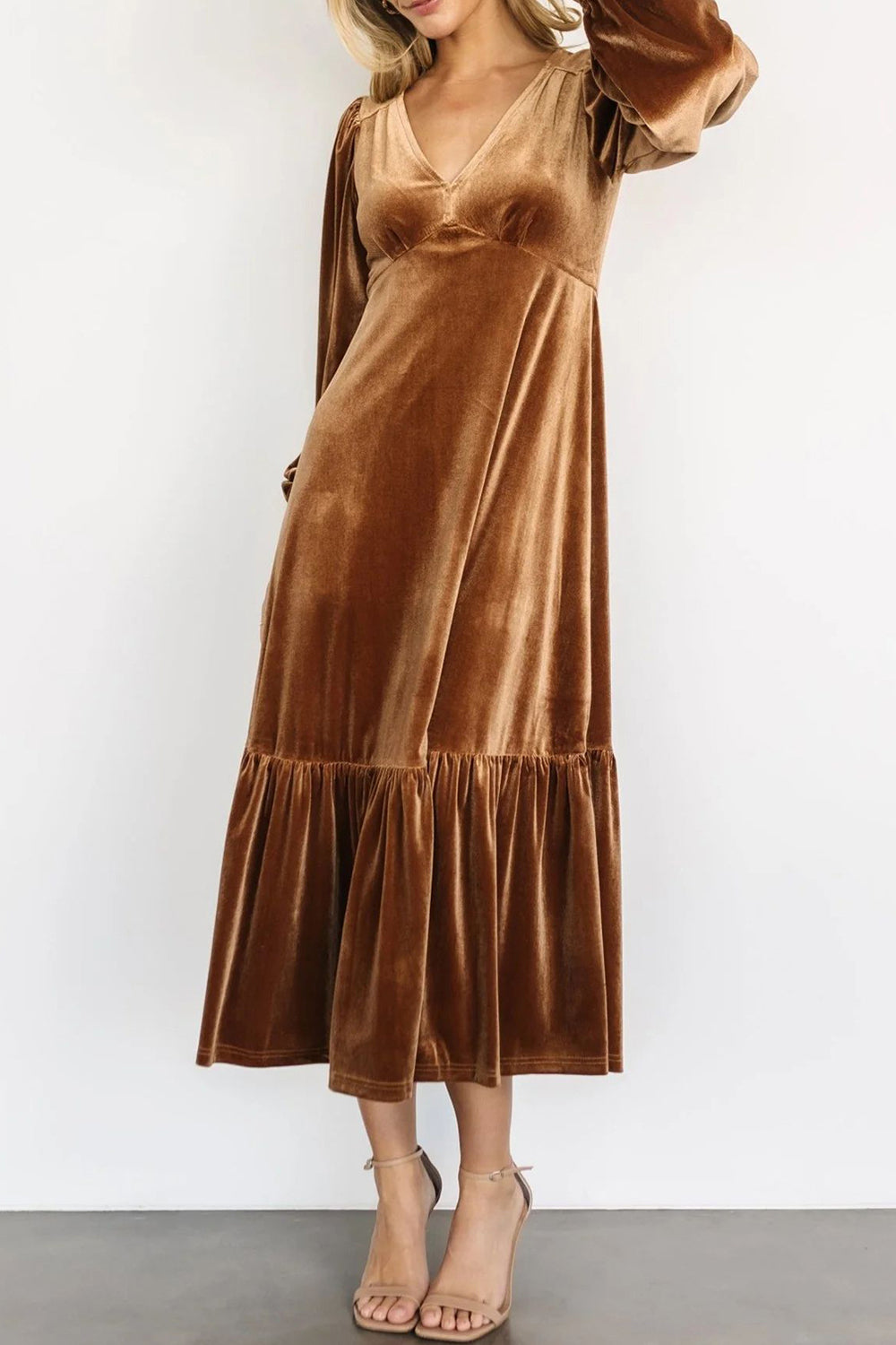 V-Neck Long Sleeve Midi Velvet Dress - Littles Collection