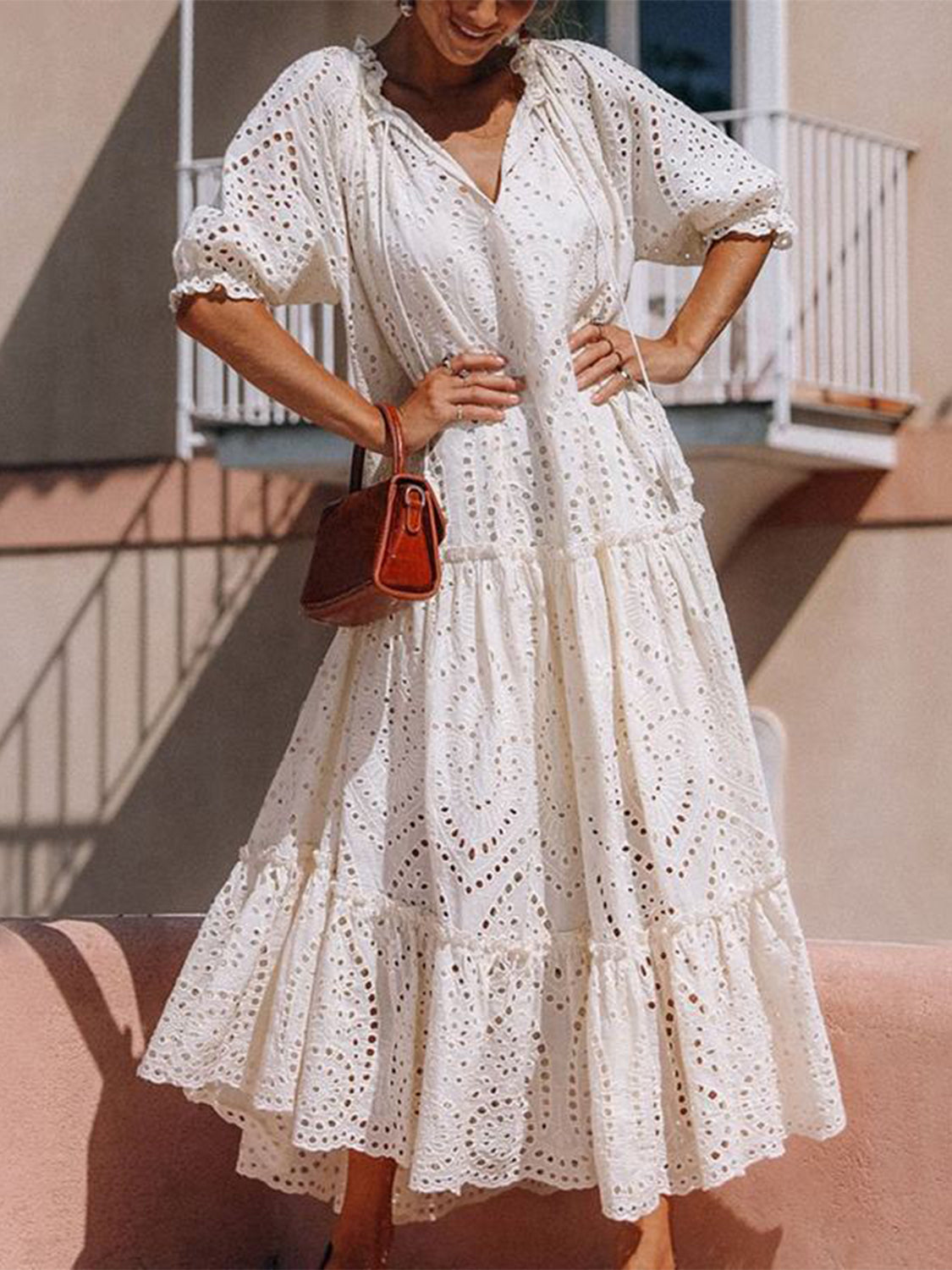 Tie Neck Half Sleeve Tiered Dress - Littles Collection