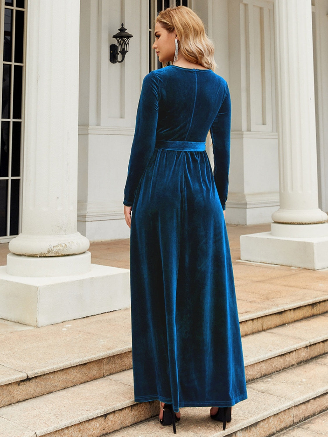 Tie Front Round Neck Velvet Maxi Dress - Littles Collection