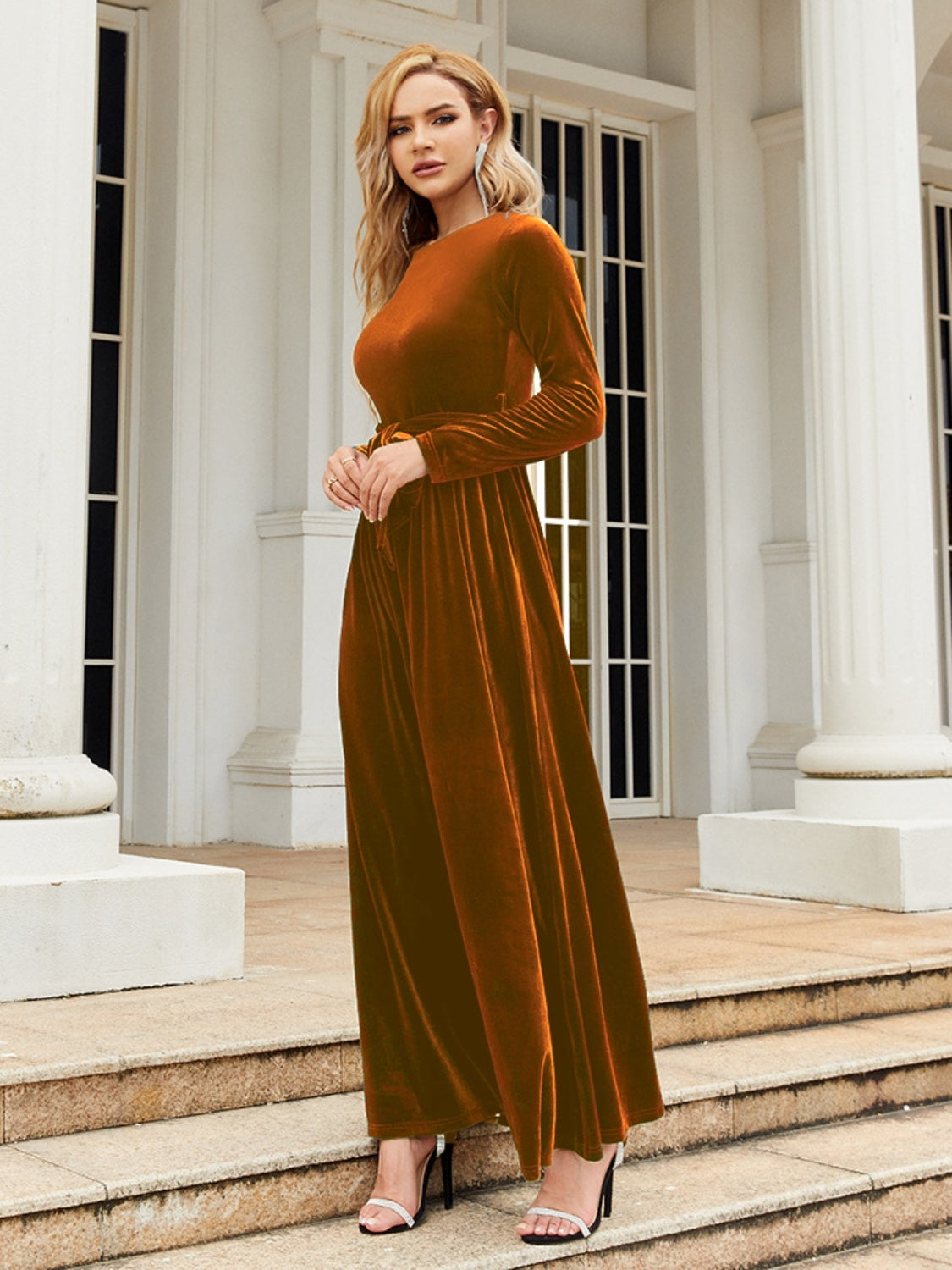 Tie Front Round Neck Velvet Maxi Dress - Littles Collection