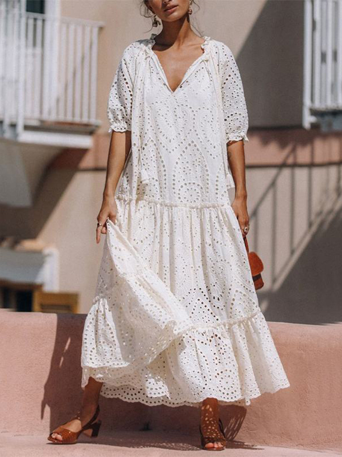 Tie Neck Half Sleeve Tiered Dress - Littles Collection