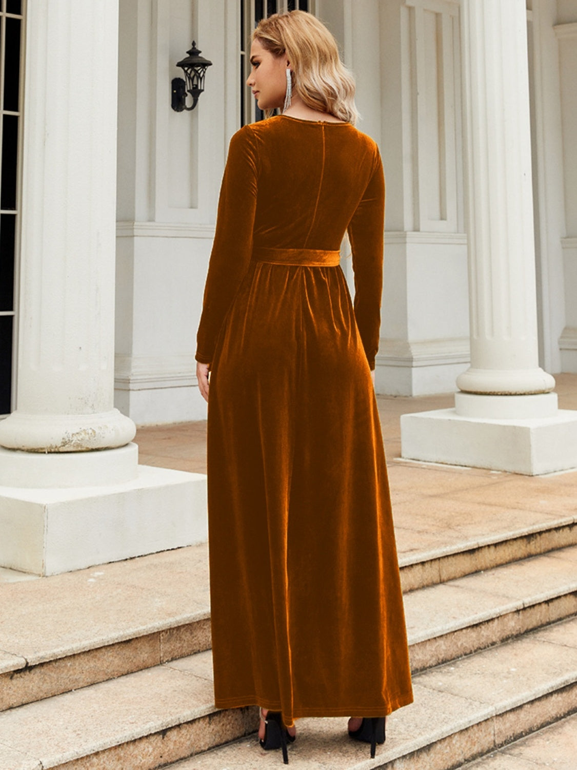 Tie Front Round Neck Velvet Maxi Dress - Littles Collection