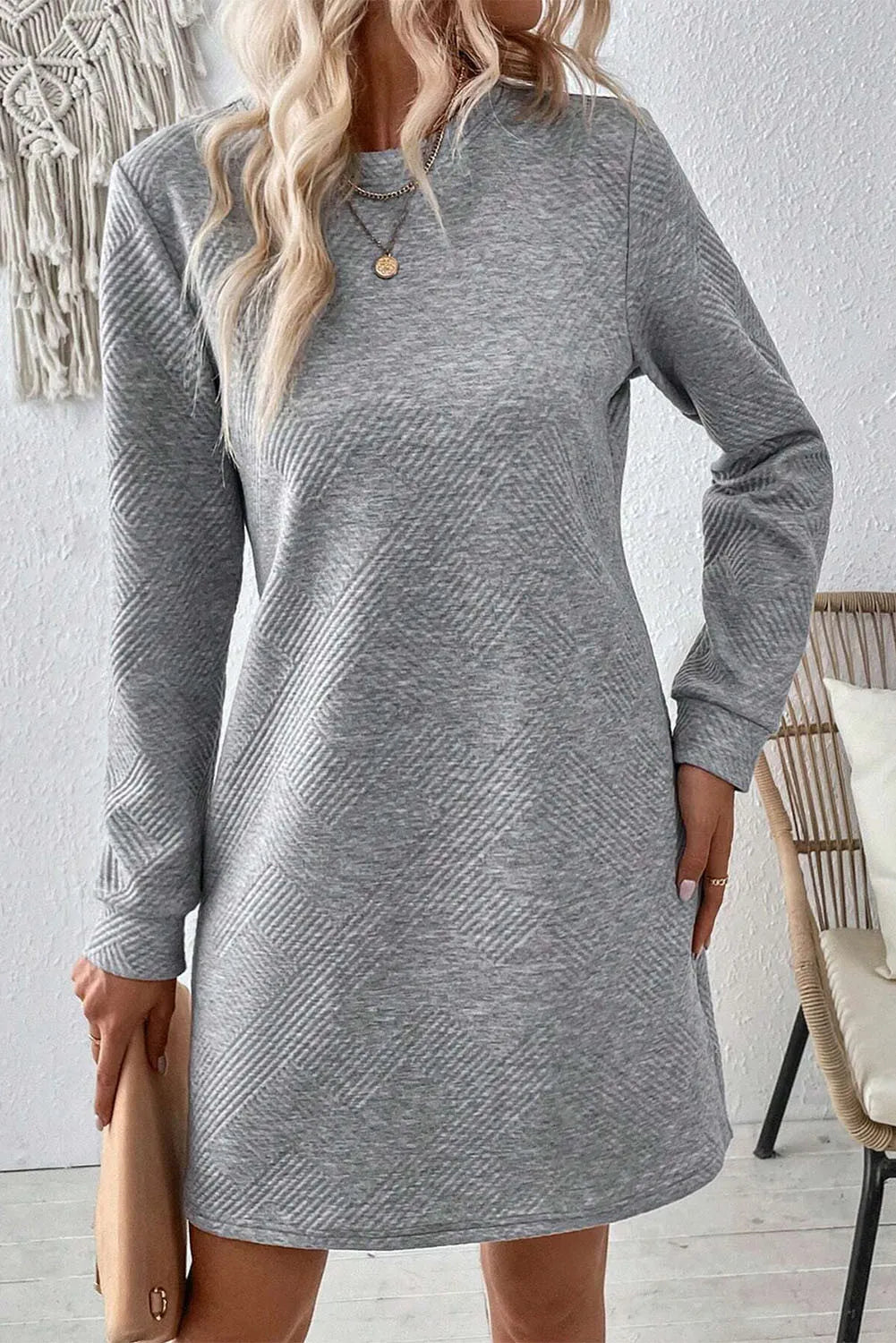 Textured Round Neck Long Sleeve Mini Dress - Littles Collection
