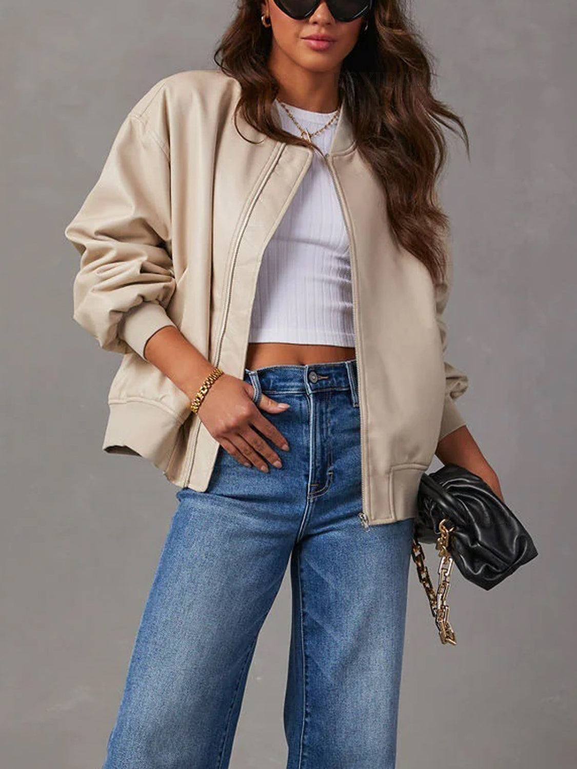 High-end bomber jacket cream color stylish designer collection women coat