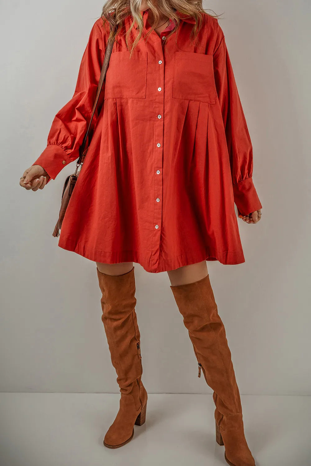 Pocketed Button Down Long Sleeve Shirt Dress - Littles Collection