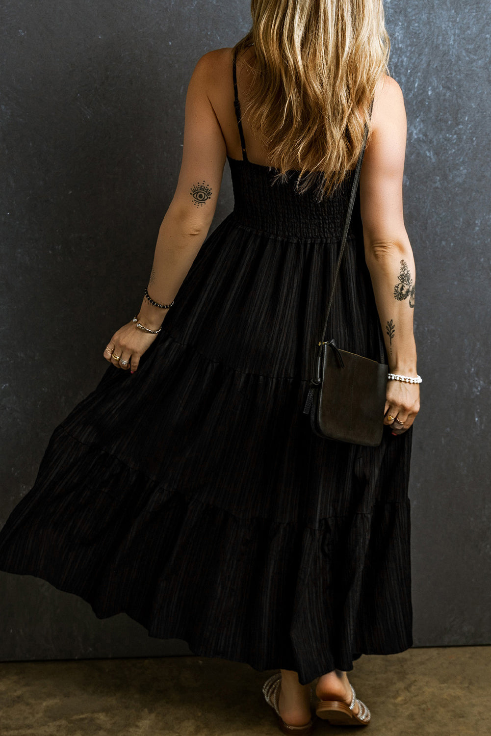 Spaghetti strap neck black smoked long dress citton