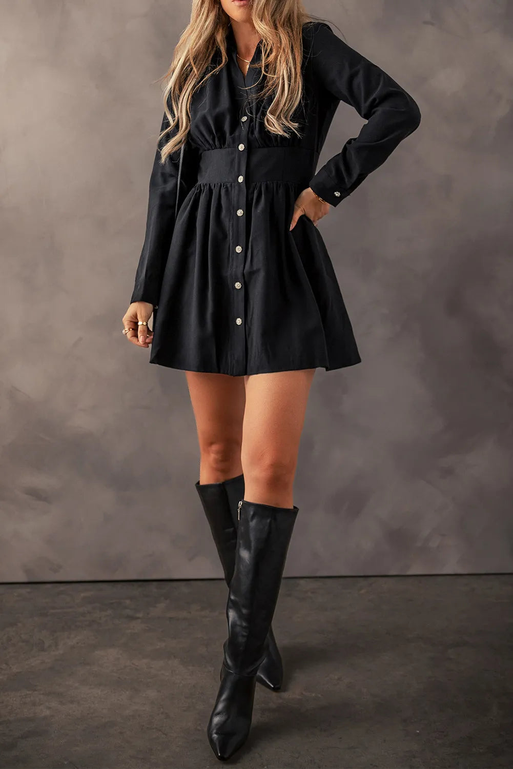Ruched Button Up Long Sleeve Dress - Littles Collection