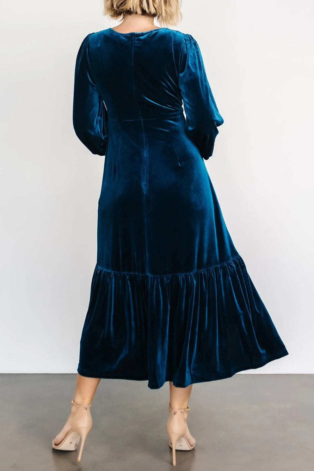 V-Neck Long Sleeve Midi Velvet Dress - Littles Collection