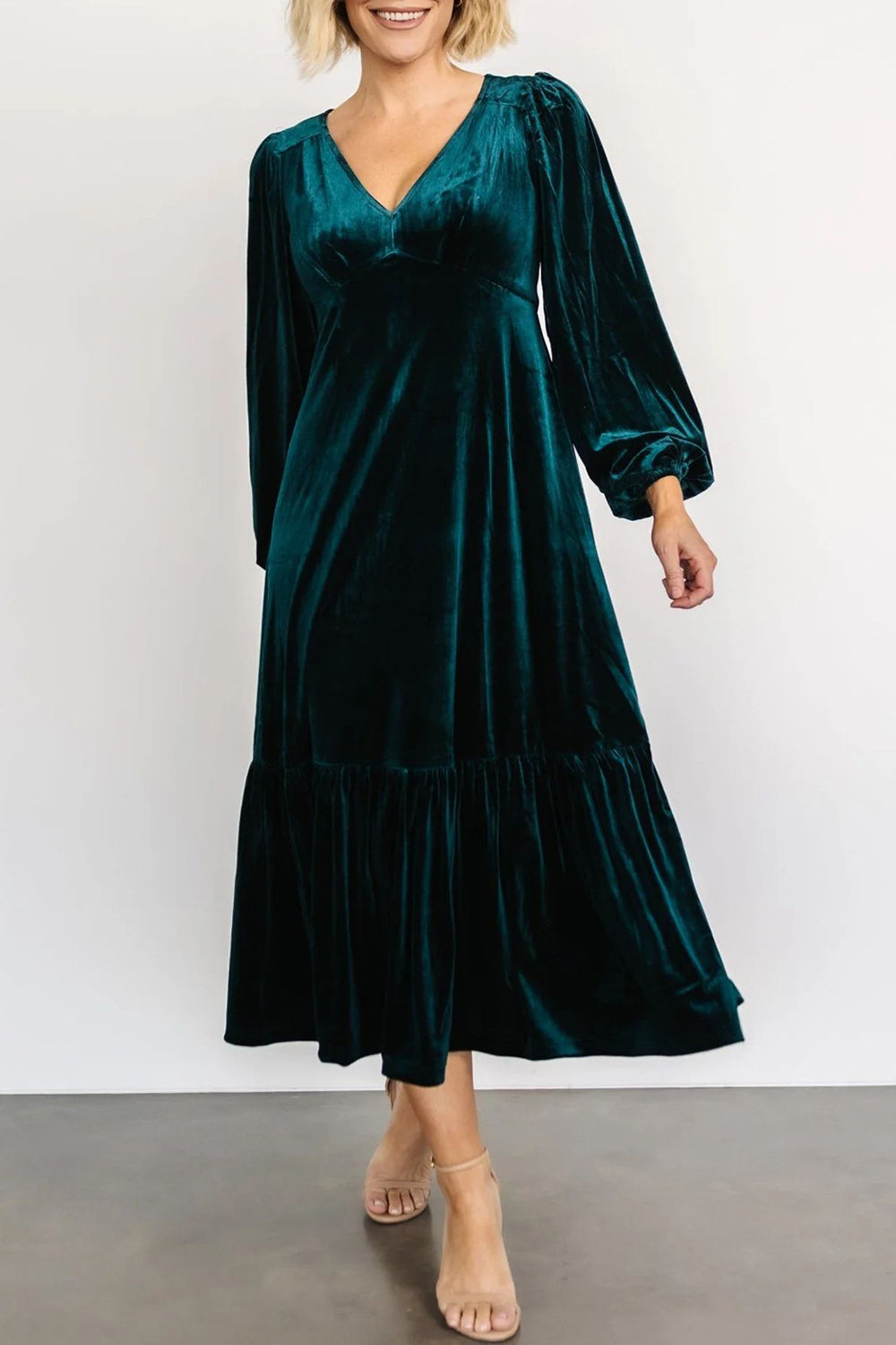 Velvel midi dress v neck blue color for evening party