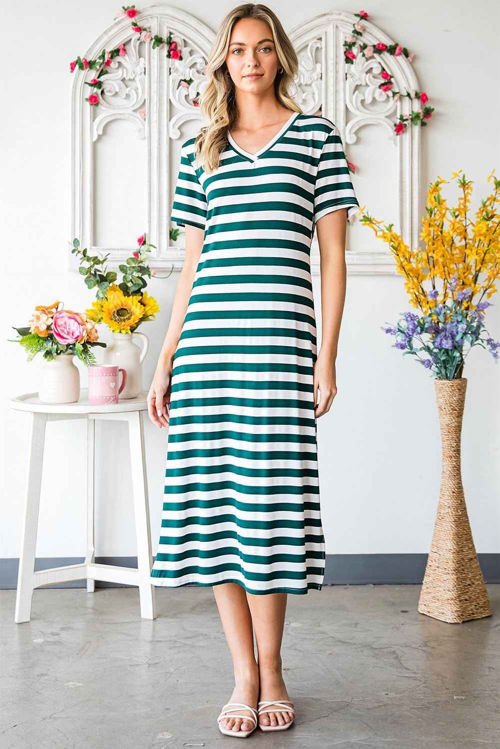 Striped V-Neck Short Sleeve Side Slit Dress