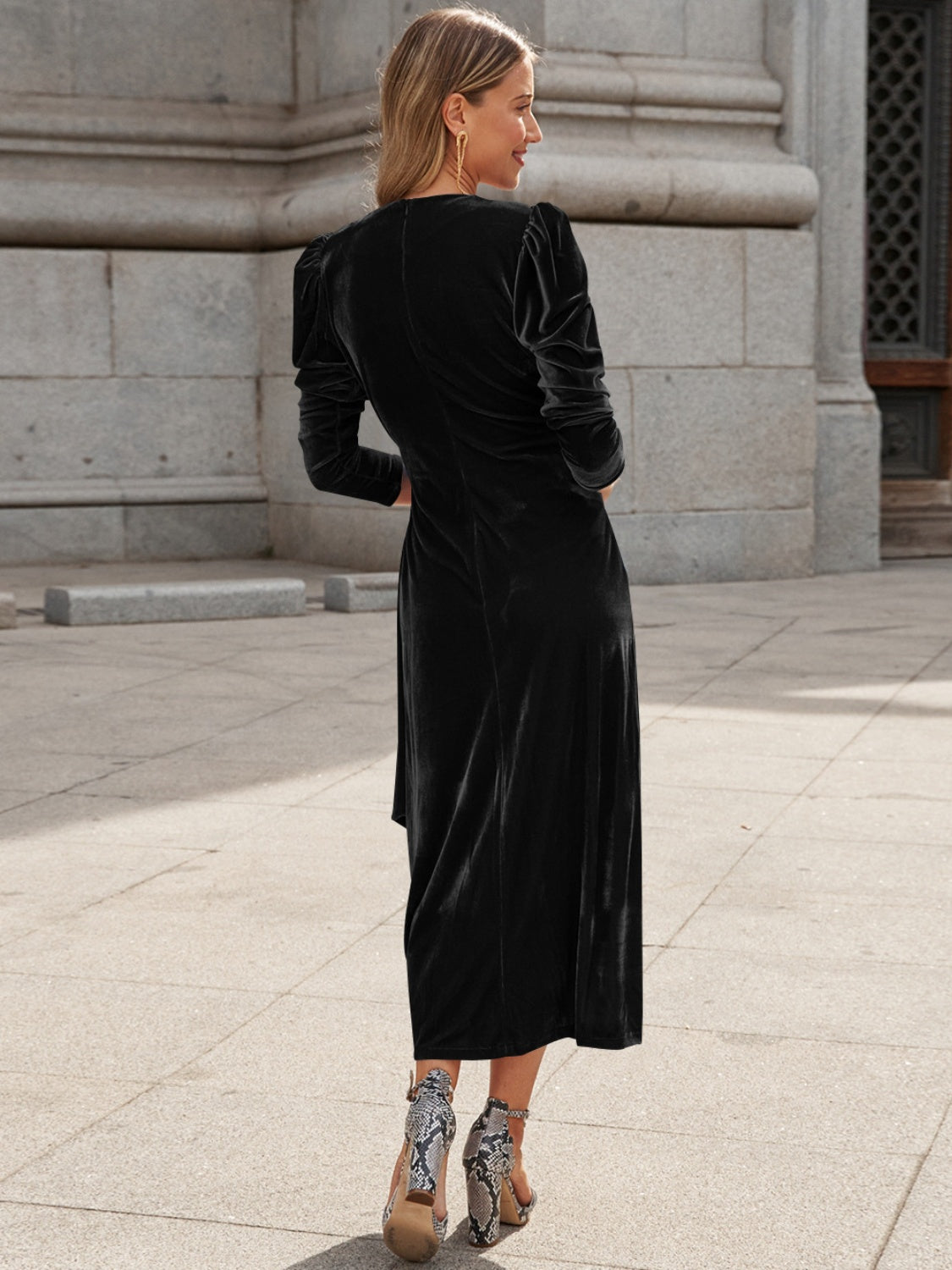 Surplyce Puff Sleeve Midi Dress In Black - Littles Collection